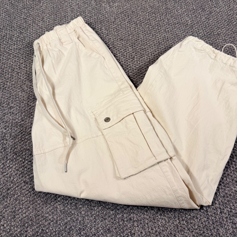 Madden NYC Cargo Pants S Cream Elastic Waist Drawstring Bungee‎ Hem Dance HipHop